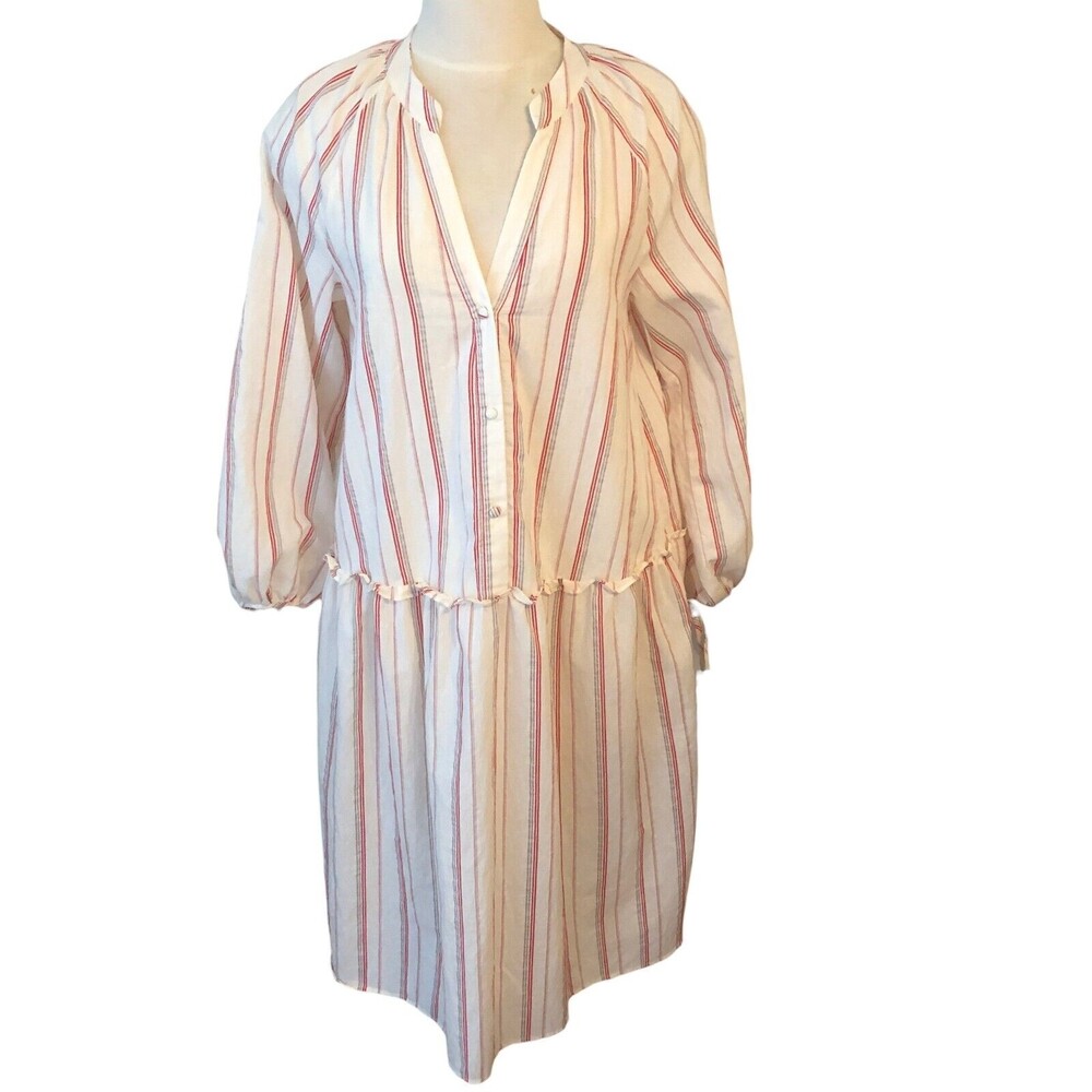Zara Women Sm Oversize Boho Hippie Long Sleeve Red White Stripe Cotton Mix Dress
